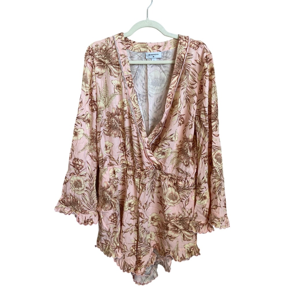 Agua Bendita Target Pink Floral Ruffle Wrap V-Neck Romper Coverup Large